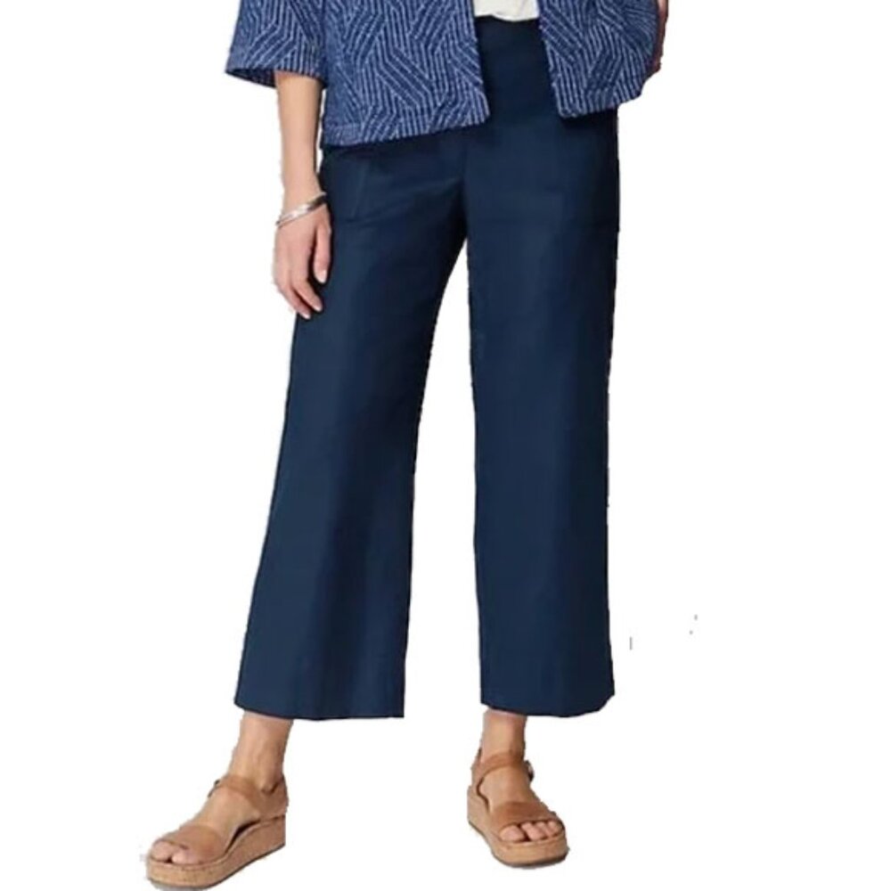 J Jill Love Linen Crop Wide Leg Pants M/L Navy Elastic Waist